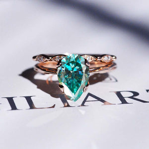 3 Carat Pear Shaped Green Moissanite Engagement Eternity Rose Gold Ring Set