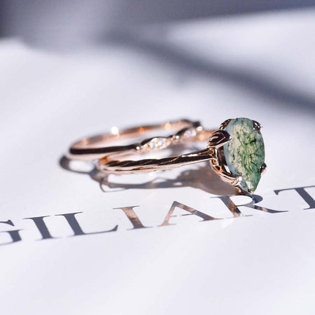 3 Carat Pear Moss Agate Engagement Eternity Rose Gold Ring Set