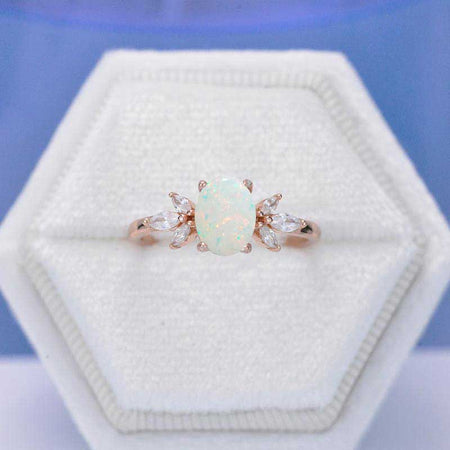 14K Rose Gold 1.5 Carat Oval White Opal Halo Vintage Engagement Ring