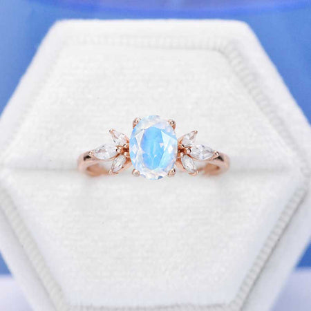 14K Rose Gold 1.5 Carat Oval Genuine moonstone Halo Vintage Engagement Ring