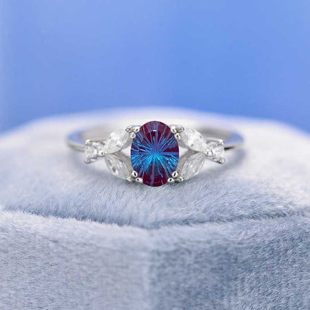 14K White Gold 1.5 Carat Oval Fireworks Cut Alexandrite Halo Vintage Engagement Ring