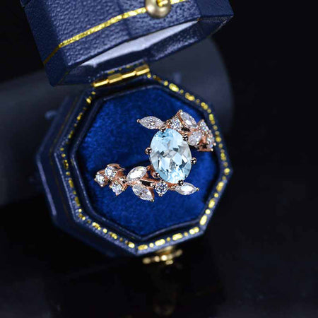 2 Carat Oval Genuine Natural Aquamarine Floral 14K Rose Gold Engagement  Ring
