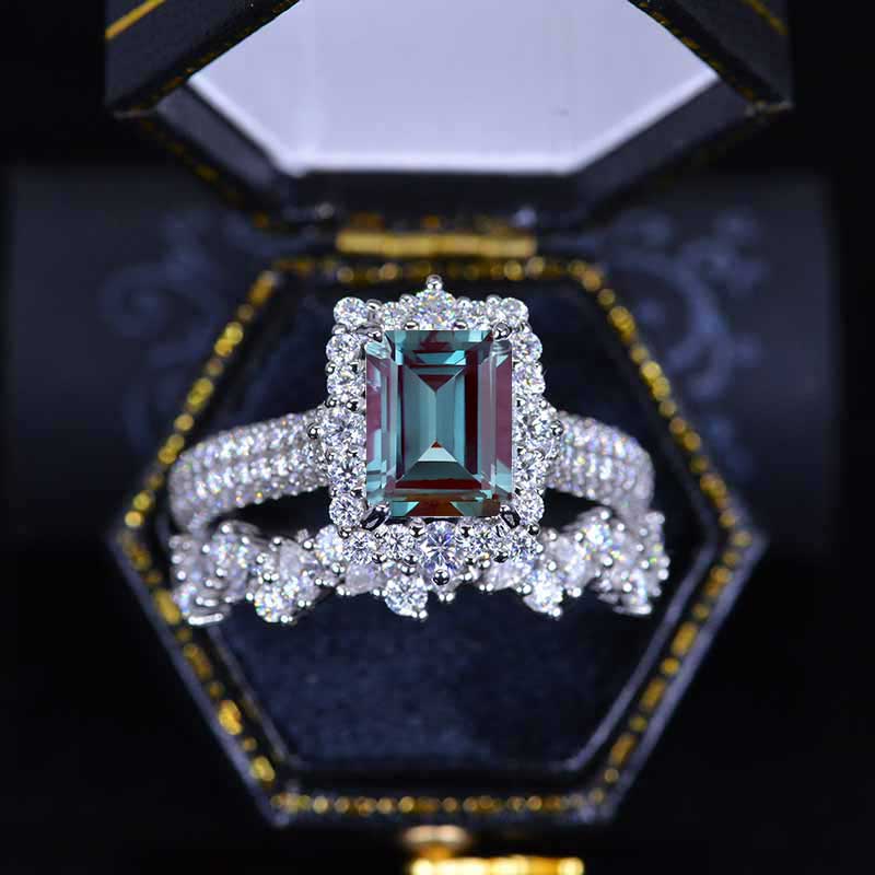 3Ct Alexandrite Engagement Ring Halo Emerald Cut Alexandrite Engagement Ring, 9x7mm Step Cut Alexandrite Engagement Ring with Eternity Band Platinum