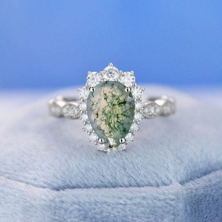 14K White Gold 2 Carat Pear Genuine Moss Agate Halo Engagement Ring