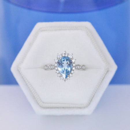 14K White Gold 3 Carat Pear Aquamarine Halo Engagement Ring