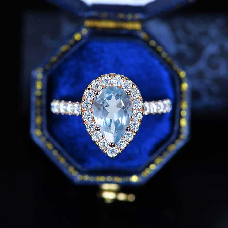 14K Solid Rose Gold 3 Carat Genuine Natural Aquamarine Pear Cut Halo Genuine Natural Aquamarine Ring
