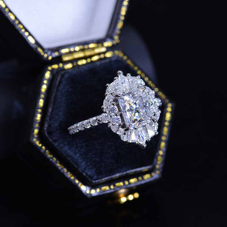 2 Carat Moissanite Diamond Emerald Cut Halo White Gold Engagement  Ring