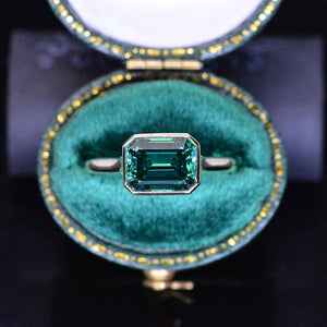 3 Carat Green Moissanite Engagement Ring, Bezel Set Emerald Cut Moissanite Engagement Ring, Moissanite Classic Engagement 14K Yellow Gold Ring