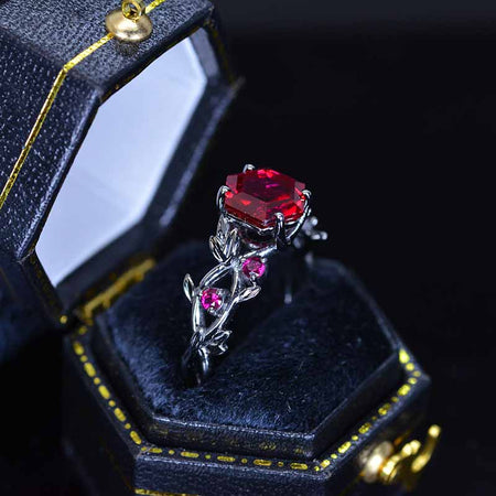 3 Carat Hexagon Ruby Floral 14K Black Gold Engagement Ring