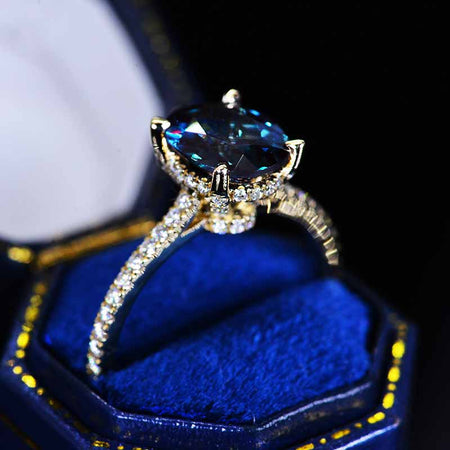 3 Carat Carat Oval Alexandrite Ring, Hidden Halo Rose Gold Engagement Ring