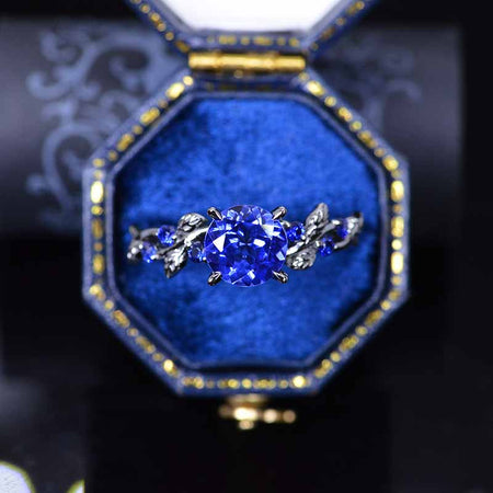 2 Carat Round Brilliant Cut Sapphire Floral Black Gold Engagement Ring