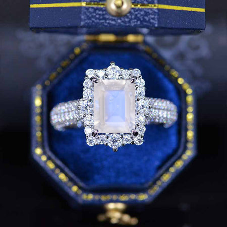 3Ct Genuine Moonstone Engagement Ring. Halo Emerald Cut Moonstone Engagement Ring, 9x7mm Step Cut Genuine Moonstone Engagement Ring
