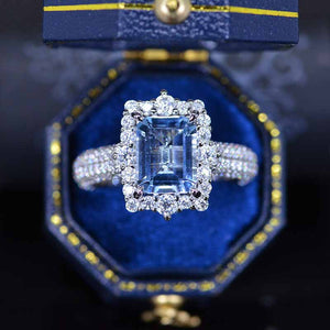 3Ct Natural Aquamarine Engagement Ring. Halo Emerald Cut Genuine Aquamarine Engagement Ring, 9x7mm Step Cut Aquamarine Engagement Ring with Eternity Band