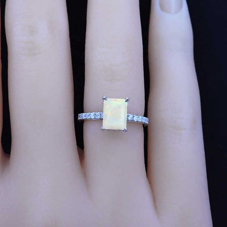 1 Carat Radiant Genuine White Opal Hidden Halo Engagement 14K White Gold Ring