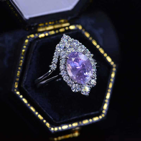 14K White Gold 2 Carat Oval Purple Sapphire Halo Engagement Ring Set