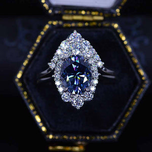 14K White Gold 2 Carat Oval Dark Gray Blue Moissanite Halo Engagement Ring Set