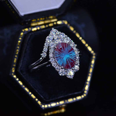 14K White Gold 2 Carat Oval Fireworks Cut Alexandrite Halo Engagement Ring Set