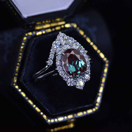 14K White Gold 2 Carat Oval Alexandrite Halo Engagement Ring Set