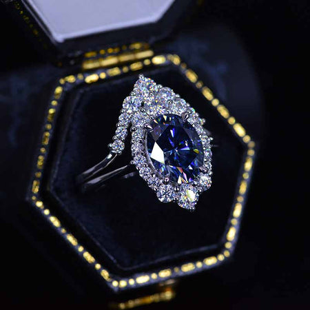 14K White Gold 2 Carat Oval Dark Gray Blue Moissanite Halo Engagement Ring