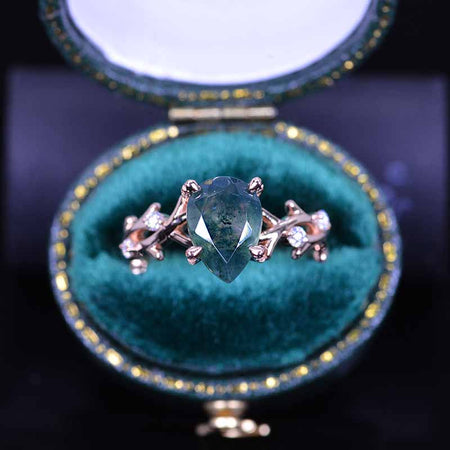 3 Carat Genuine Pear Cut Moss Agate Twig Floral White Gold Engagement  Ring