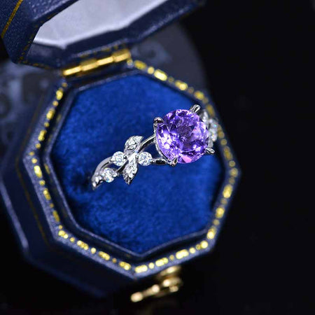 7mm Round Amethyst Sapphire  Floral  White Gold Engagement  Ring