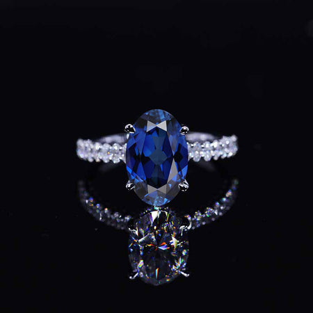 5 Carat Oval Cut Blue Sapphire Hidden Halo White Gold Engagement Ring
