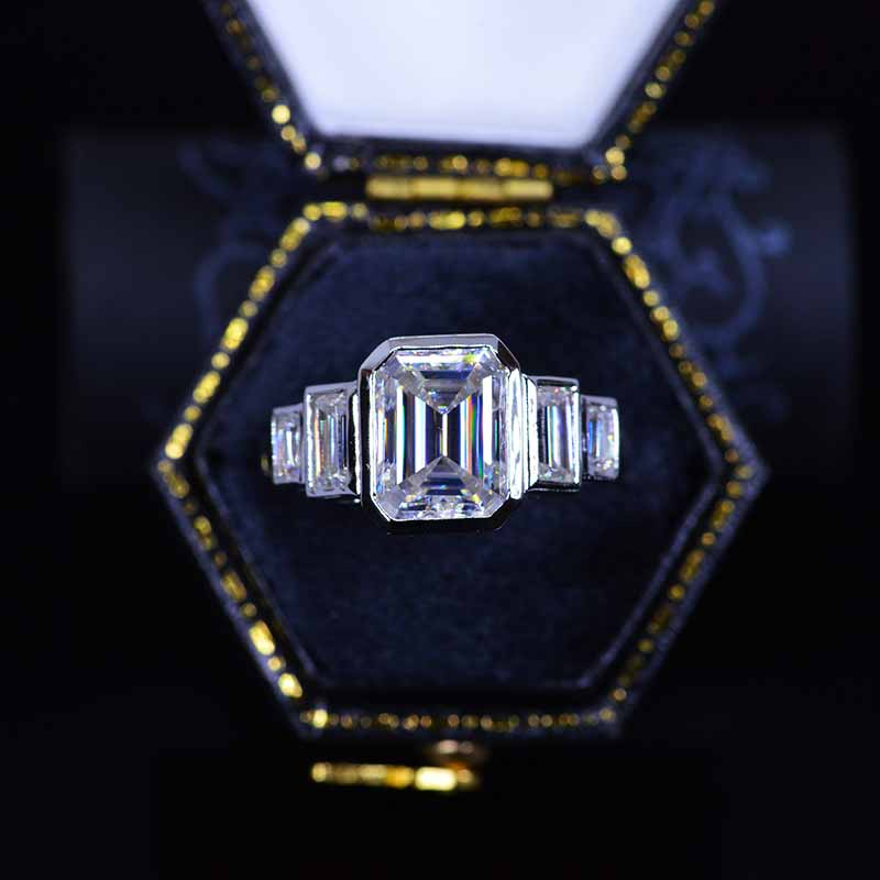 3 Carat Giliarto Emerald Cut Bezel Set Moissanite Five-Stone  Engagement Ring