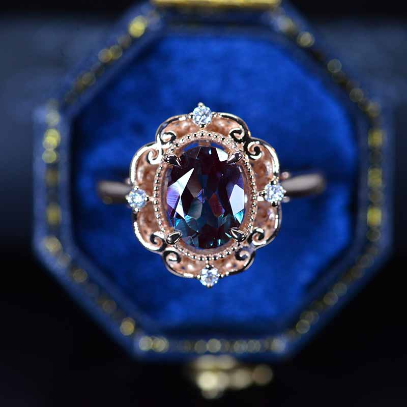 14K Rose Gold 2 Carat Oval Alexandrite Halo Engagement Ring