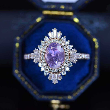 2 Carat Purple Sapphire Oval Cut Halo 14K Yellow Gold Engagement Ring