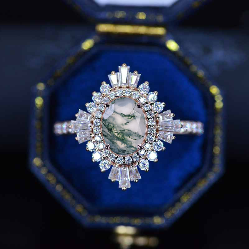 2 Carat Genuine Moss Agate Oval Cut Halo 14K Yellow Gold Engagement Ring