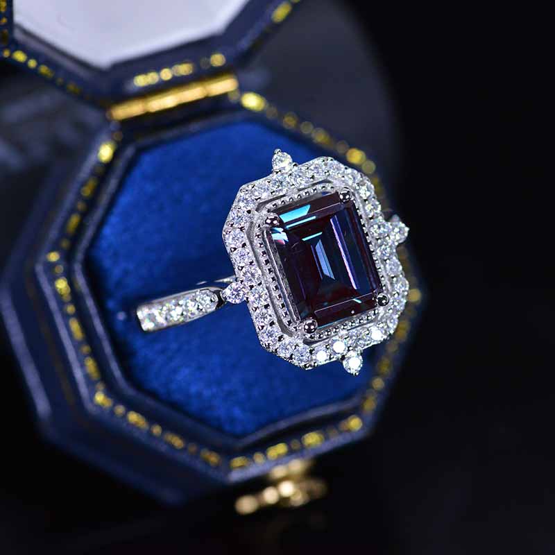 3Ct Emerald Cut Halo Alexandrite Ring, Alexandrite Ring, Alexandrite E ...