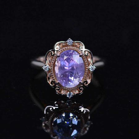 14K Solid Rose Gold Dainty Oval Purple Sapphire Ring, 2ct Oval Cut Purple Sapphire Ring, Rose Gold Ring Unique Oval Halo Vintage Ring