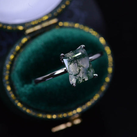 3 Carat Giliarto-Flower Setting Emerald Shaped Step Cut Moss Agate 14K White Gold Engagement Ring