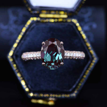 Luxury 3 Carat Oval Alexandrite Hidden Halo Gold Rose Engagement Ring