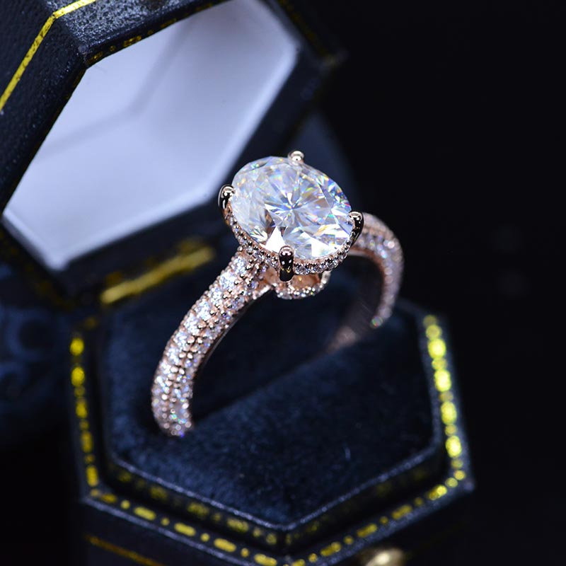 Luxury 3 Carat Oval Moissanite Hidden Halo Gold Rose Engagement Ring