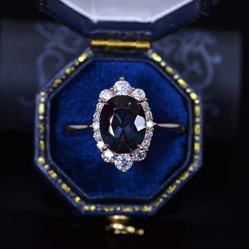 14K White Gold 2 Carat Oval Alexandrite Halo Engagement Ring