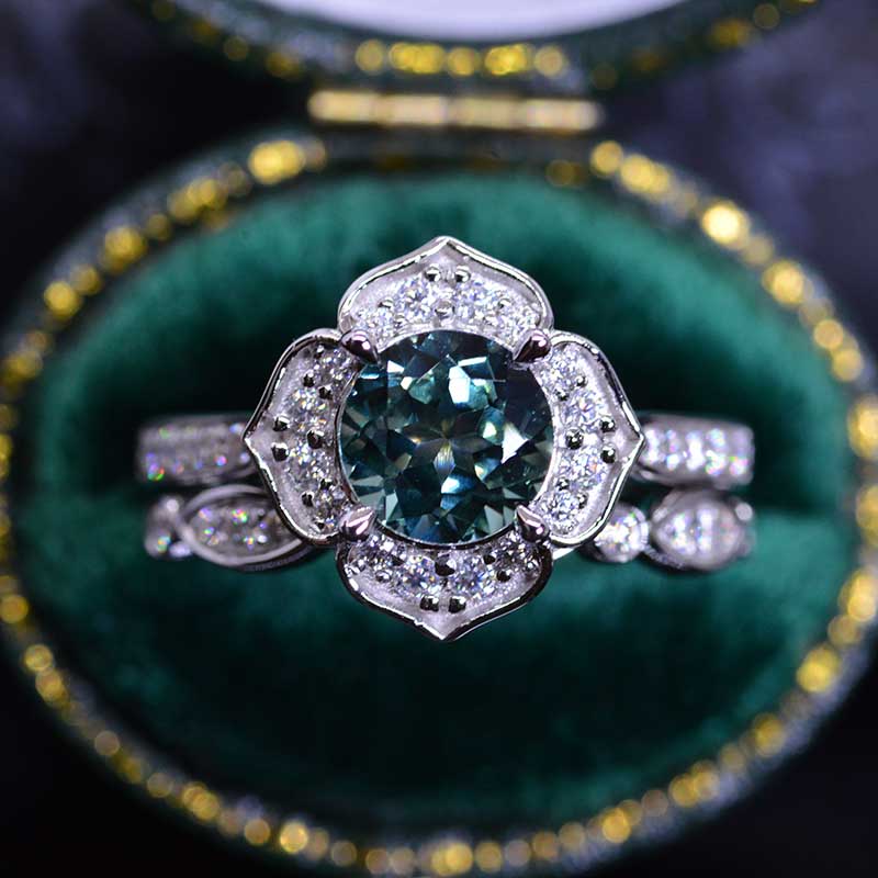 Teal Sapphire Floral Halo 14K White Gold Engagement Ring, Eternity Ring Set