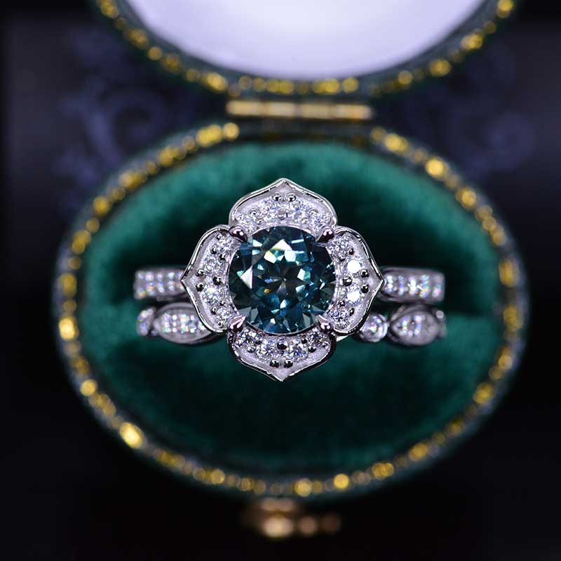 Teal Sapphire Floral Halo 14K White Gold Engagement Ring, Eternity Ring Set