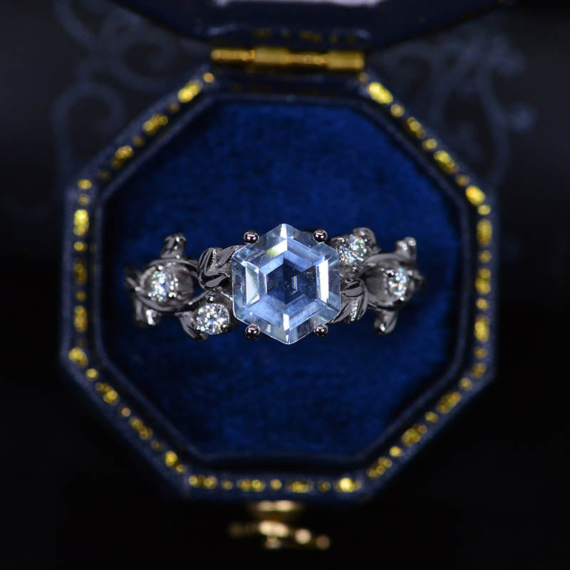 3 Carat Hexagon Genuine Aquamarine Floral 14K White Gold Engagement Ring