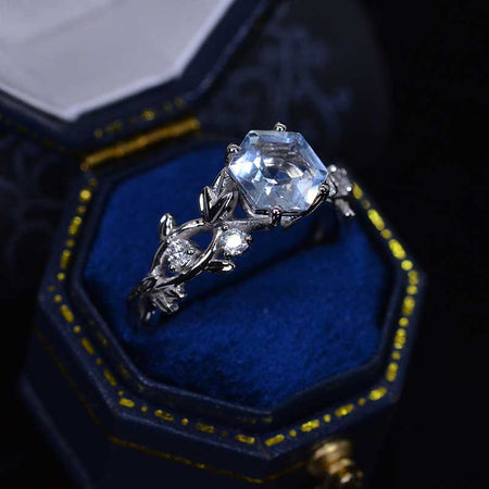 3 Carat Hexagon Genuine Aquamarine Floral 14K White Gold Engagement Ring