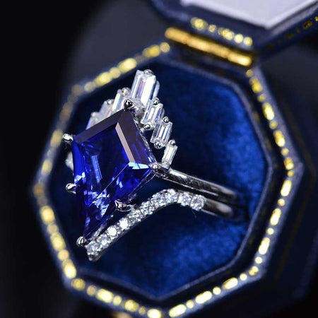 4 Carat Kite Sapphire Halo Engagement Ring, Eternity Ring Set