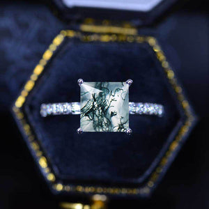 3 Carat Genuine Moss Agate Princess Cut Moissanite Stone 14K White Gold Ring