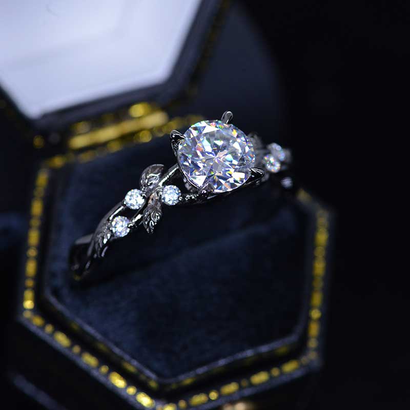 Round Brilliant Cut Moissanite Floral Black Gold Engagement Round Brilliant Cut Moissanite Floral Black Gold Engagement