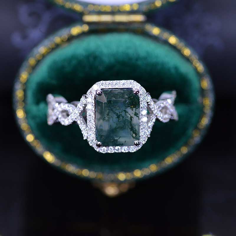 3 Carat Emerald Halo Genuine Moss Agate Twisted Shank  White Gold Engagement Ring