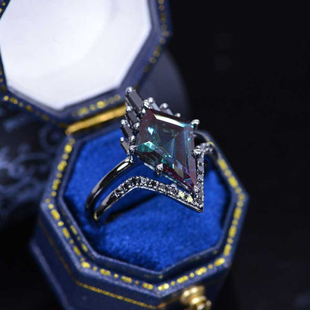14K Black Gold 4 Carat Kite Alexandrite  Diamond Halo Engagement Ring, Eternity Ring Set