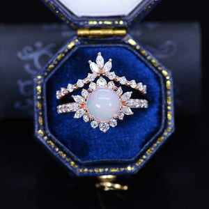 14K White Gold 1.5 CTW Genuine Natural White Opal Halo Engagement Ring Eternity Ring Set