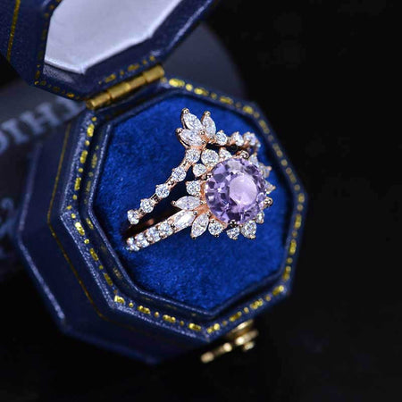 Purple Sapphire Halo Engagement Ring Eternity Ring Set