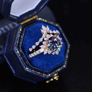 Alexandrite Halo Engagement Ring Eternity Ring Set