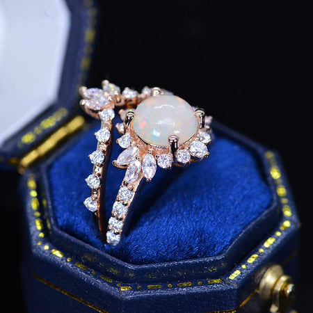 14K White Gold 1.5 CTW Genuine Natural White Opal Halo Engagement Ring Eternity Ring Set