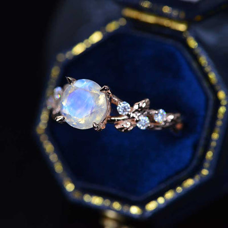 2 Carat Genuine Moonstone Floral Rose Gold Engagement  Ring